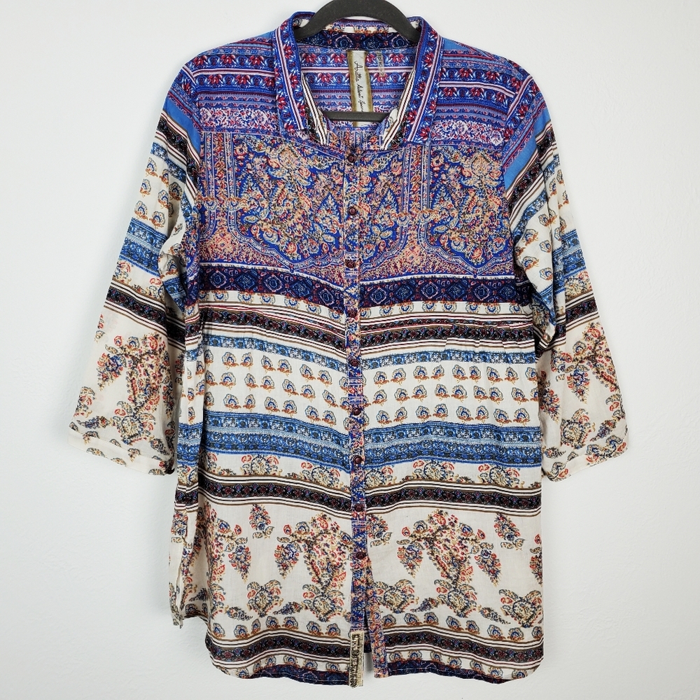 Aratta Silent Journey Top Tunic Boho Mixed Print Quirky Floral Beaded Blue